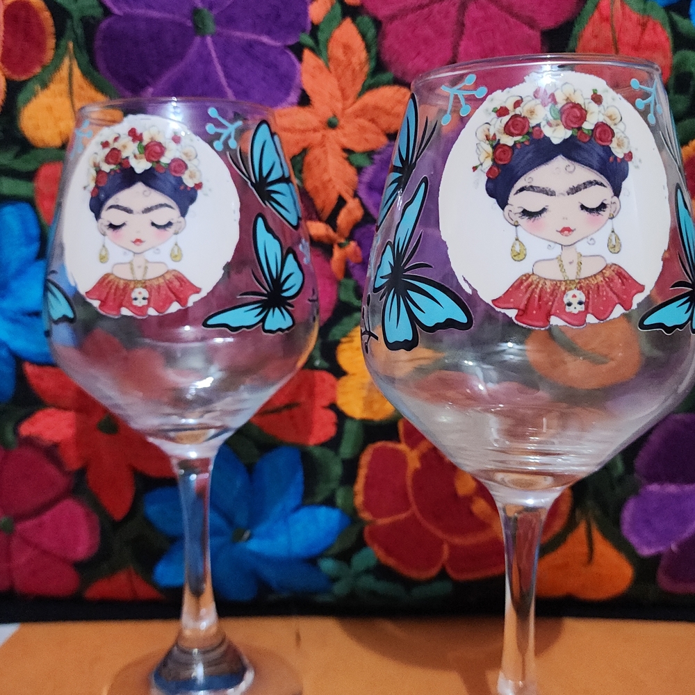 Set Of Two Frida Kahlo wine glasses